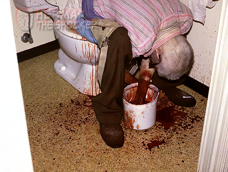 A blood-spattered scene where a chronic alcoholic died on the toilet