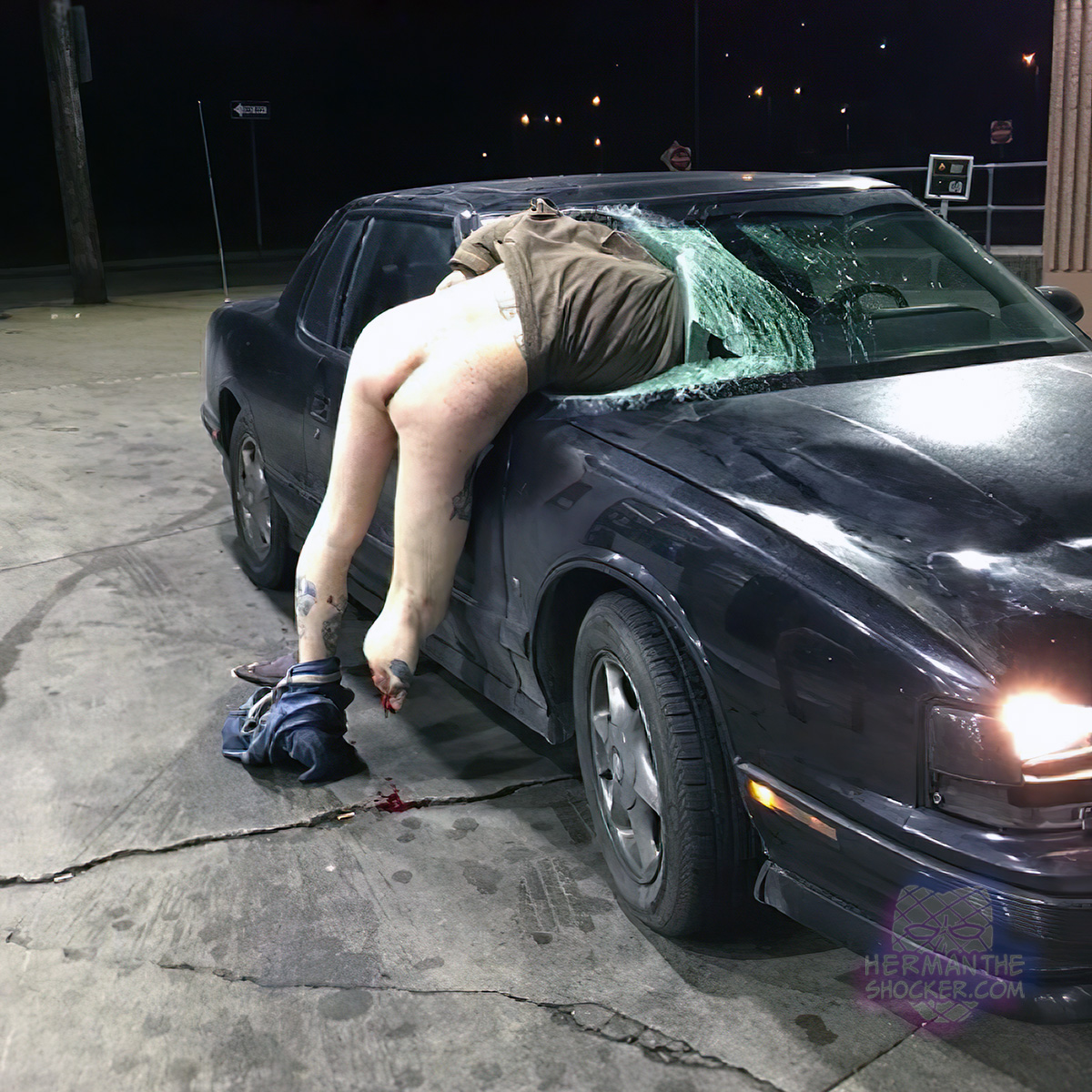 A car with body dangling through the windshield pulled into Covington gas station