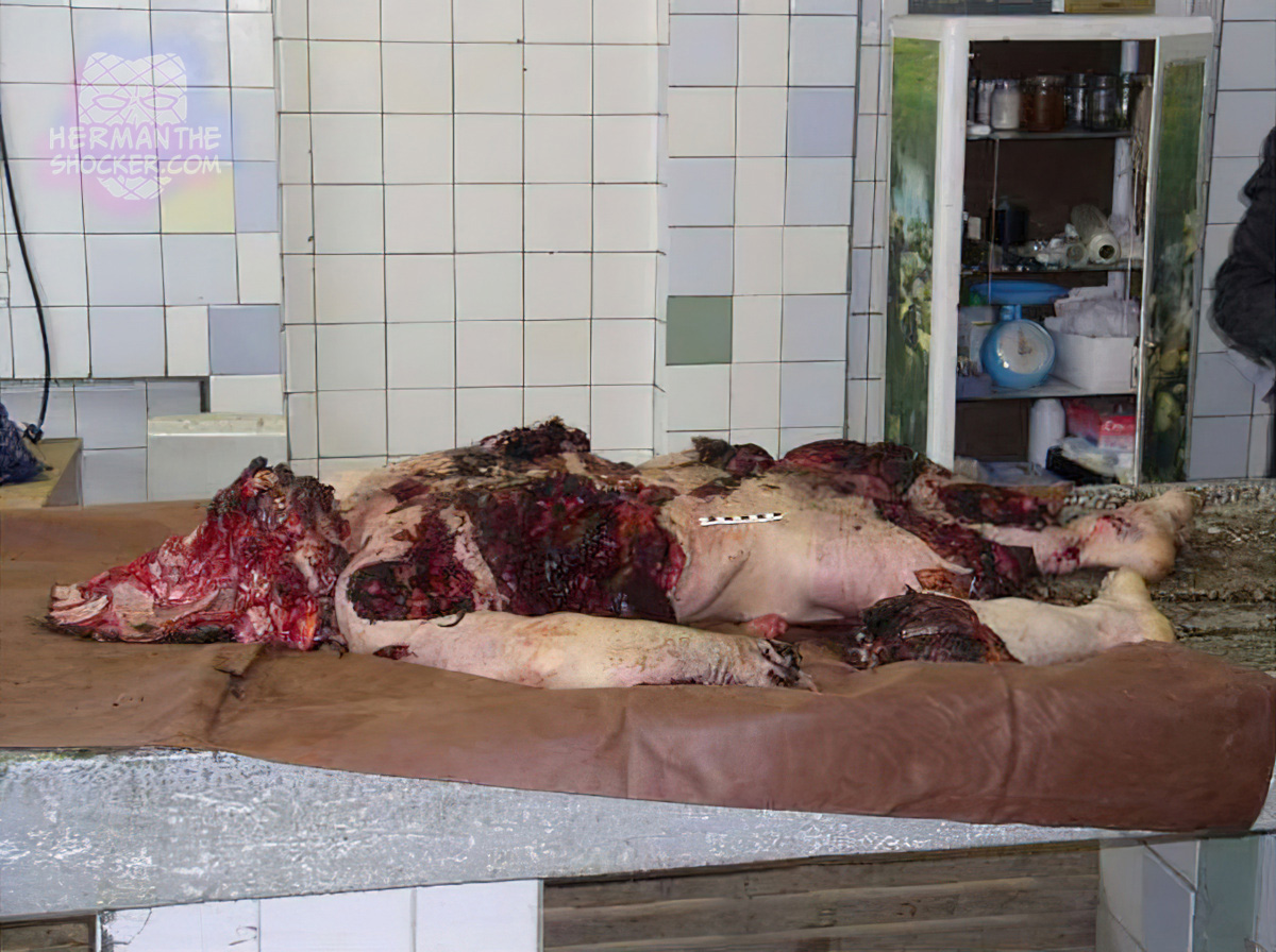 Mangled body after shell explosion